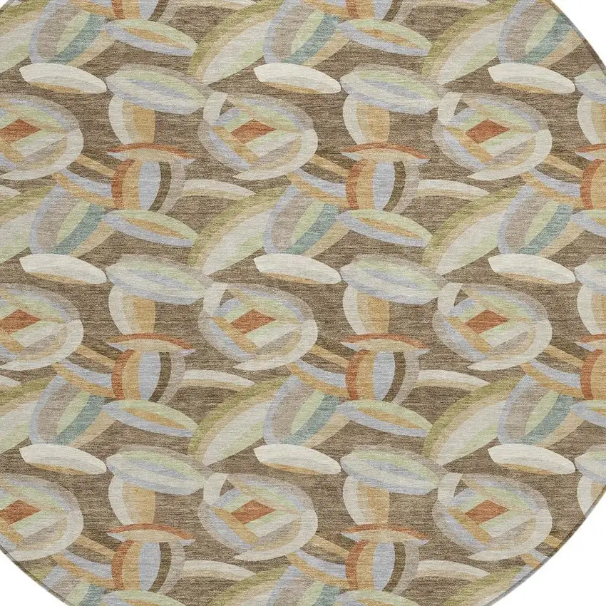 8' Brown And Ivory Round Abstract Washable Indoor Outdoor Area Rug Photo 2