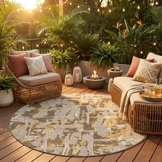 8' Brown And Ivory Round Abstract Washable Indoor Outdoor Area Rug Photo 1