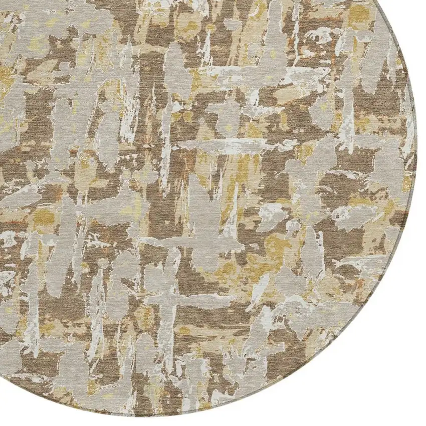 8' Brown And Ivory Round Abstract Washable Indoor Outdoor Area Rug Photo 4