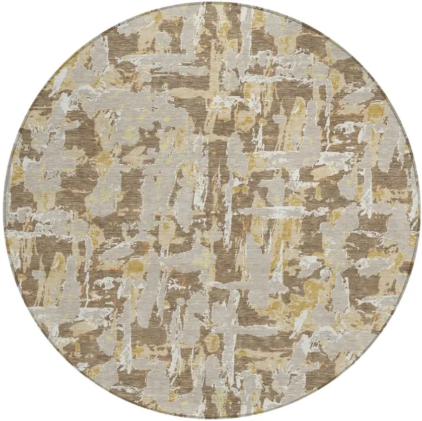 8' Brown And Ivory Round Abstract Washable Indoor Outdoor Area Rug Photo 2