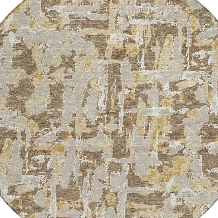 8' Brown And Ivory Round Abstract Washable Indoor Outdoor Area Rug Photo 5