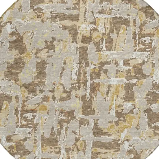 8' Brown And Ivory Round Abstract Washable Indoor Outdoor Area Rug Photo 5