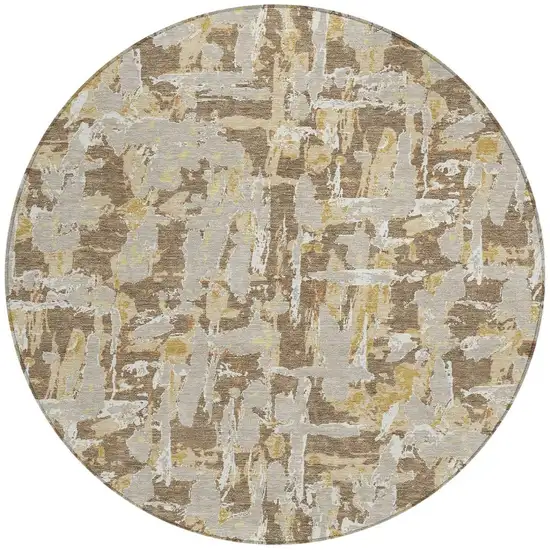 8' Brown And Ivory Round Abstract Washable Indoor Outdoor Area Rug Photo 3