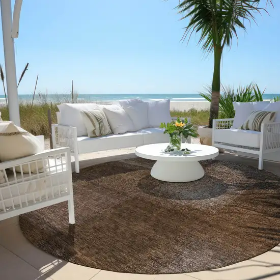 8' Brown And Ivory Round Abstract Washable Indoor Outdoor Area Rug Photo 6