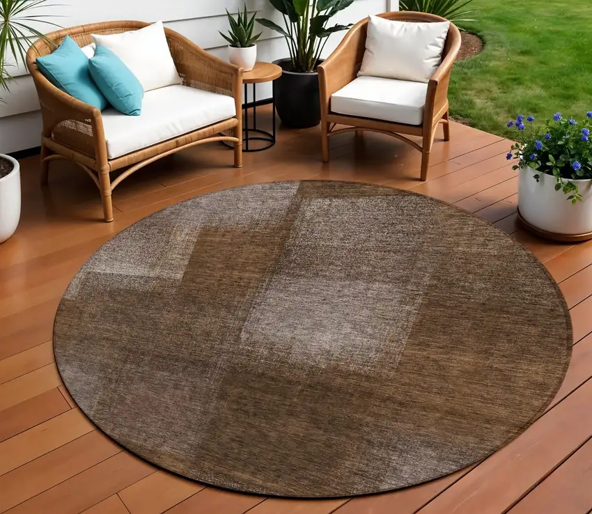 8' Brown And Ivory Round Abstract Washable Indoor Outdoor Area Rug Photo 1