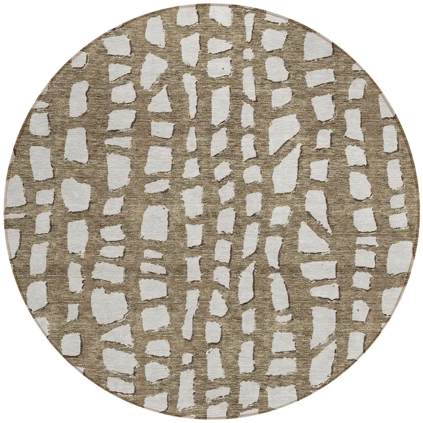 8' Brown And Ivory Round Abstract Washable Indoor Outdoor Area Rug Photo 6