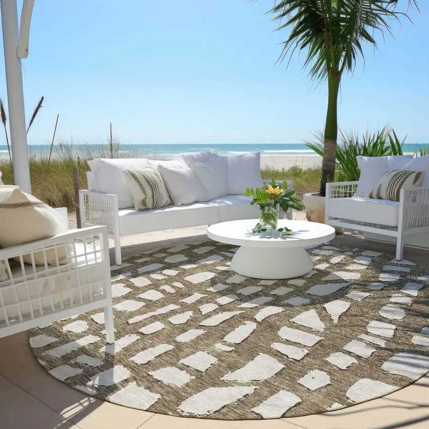8' Brown And Ivory Round Abstract Washable Indoor Outdoor Area Rug Photo 7