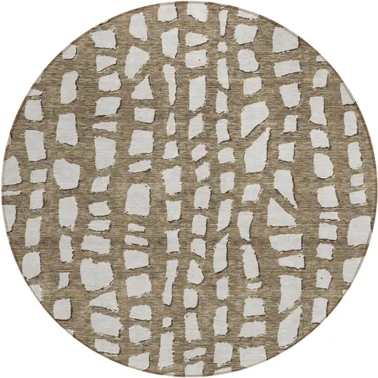 8' Brown And Ivory Round Abstract Washable Indoor Outdoor Area Rug Photo 1