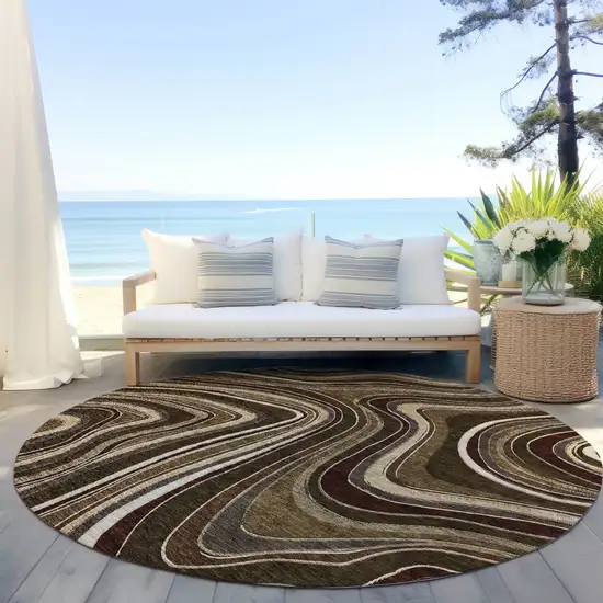8' Brown And Ivory Round Abstract Washable Indoor Outdoor Area Rug Photo 6