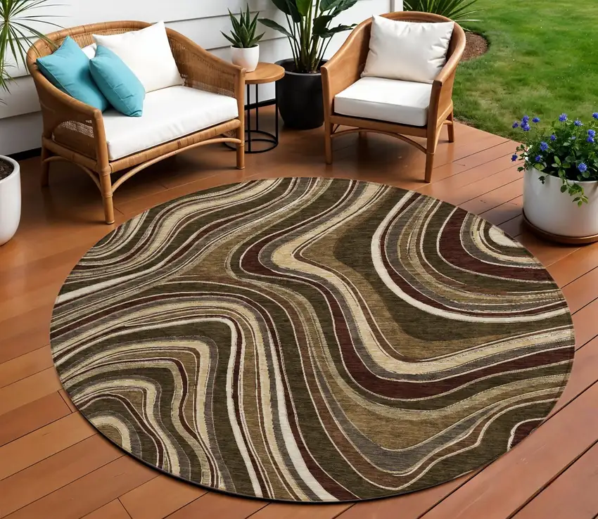8' Brown And Ivory Round Abstract Washable Indoor Outdoor Area Rug Photo 1