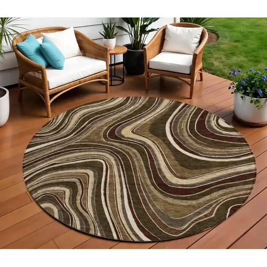 8' Brown And Ivory Round Abstract Washable Indoor Outdoor Area Rug Photo 1