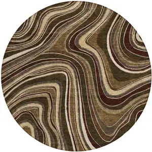 Photo of 8' Brown And Ivory Round Abstract Washable Indoor Outdoor Area Rug
