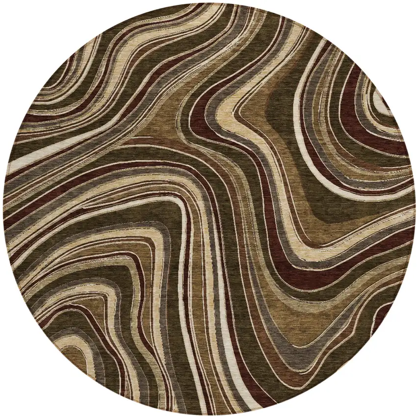 8' Brown And Ivory Round Abstract Washable Indoor Outdoor Area Rug Photo 1