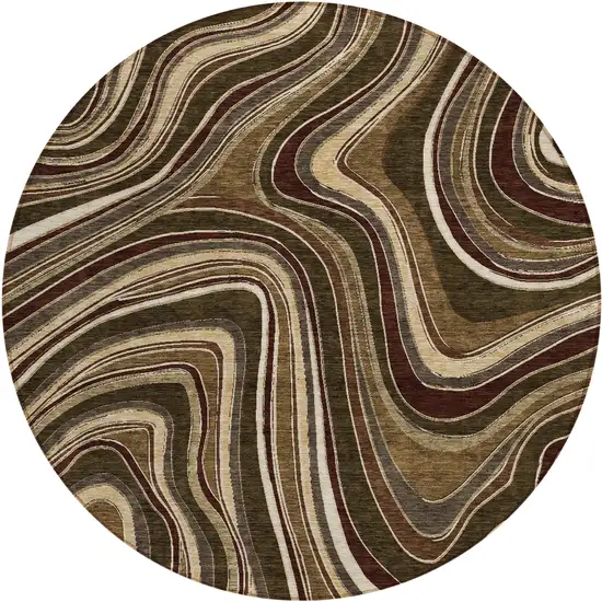 8' Brown And Ivory Round Abstract Washable Indoor Outdoor Area Rug Photo 1