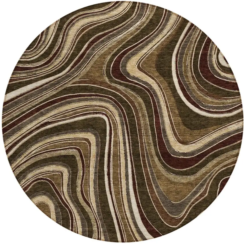 8' Brown And Ivory Round Abstract Washable Indoor Outdoor Area Rug Photo 3