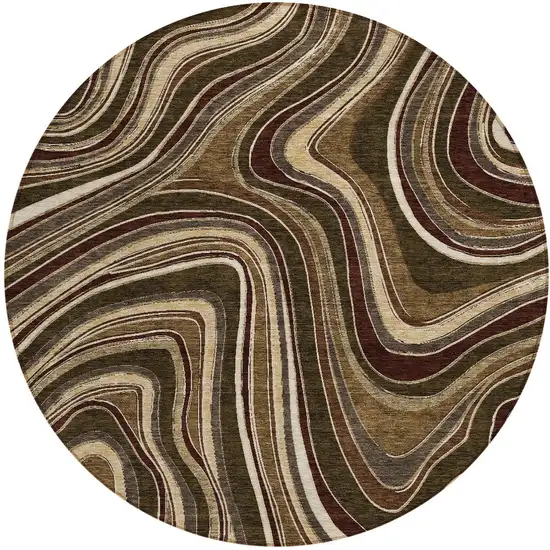 8' Brown And Ivory Round Abstract Washable Indoor Outdoor Area Rug Photo 3