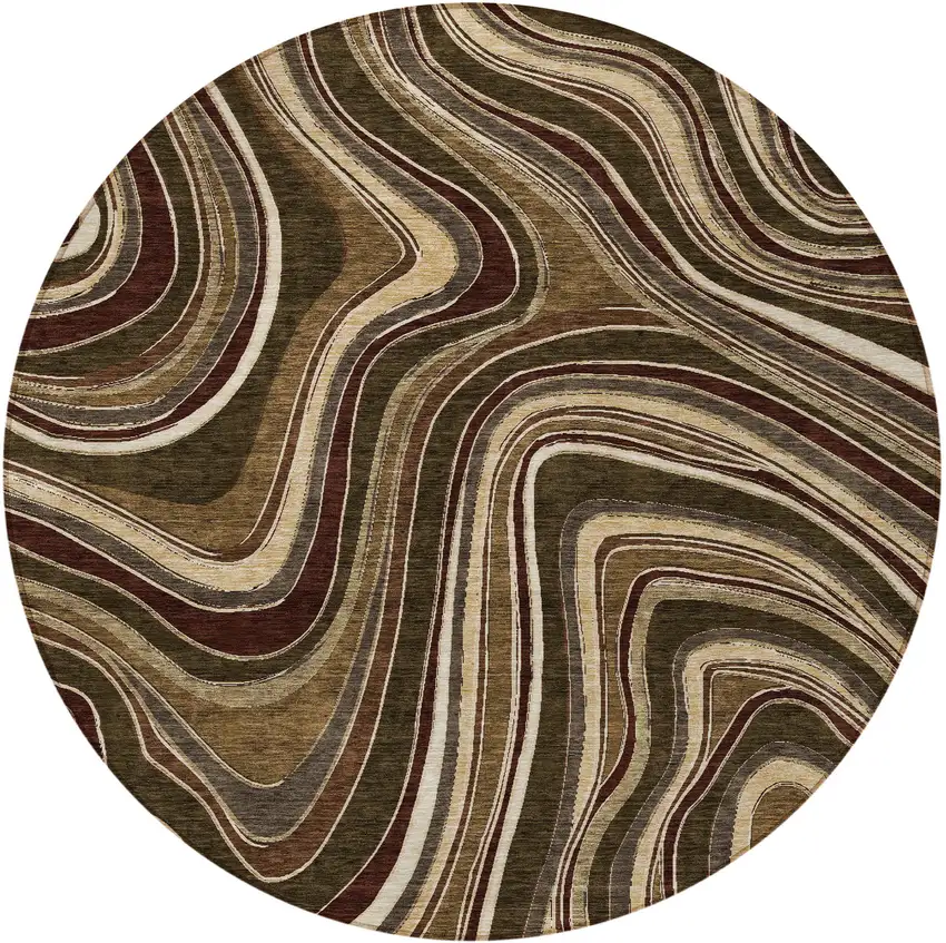 8' Brown And Ivory Round Abstract Washable Indoor Outdoor Area Rug Photo 4