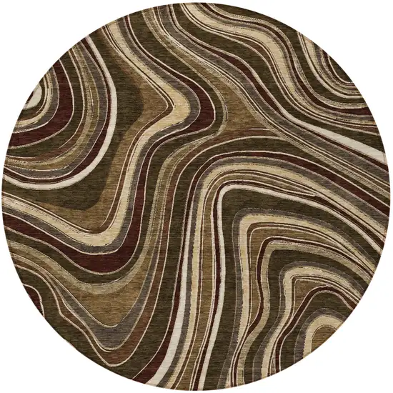 8' Brown And Ivory Round Abstract Washable Indoor Outdoor Area Rug Photo 4