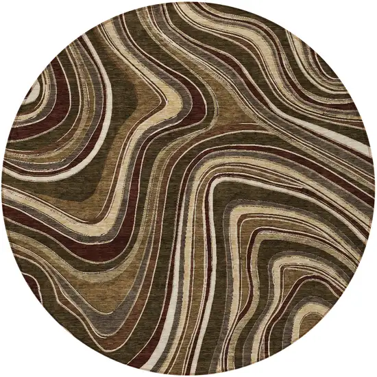 8' Brown And Ivory Round Abstract Washable Indoor Outdoor Area Rug Photo 4