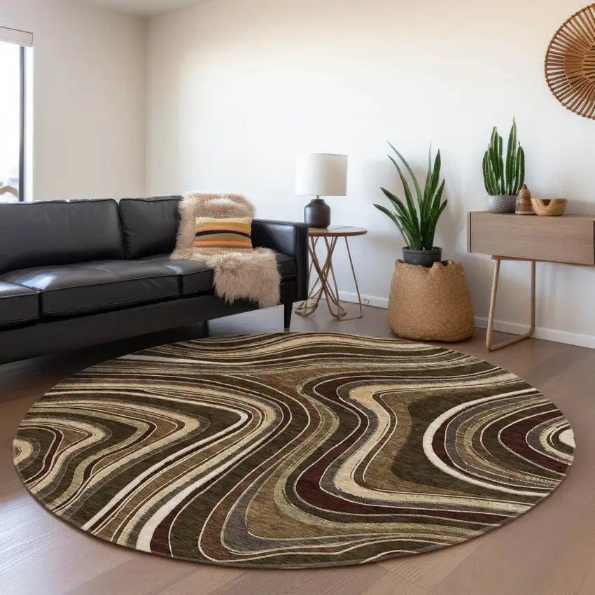 8' Brown And Ivory Round Abstract Washable Indoor Outdoor Area Rug Photo 8