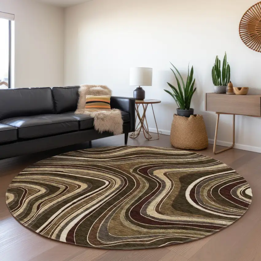 8' Brown And Ivory Round Abstract Washable Indoor Outdoor Area Rug Photo 8