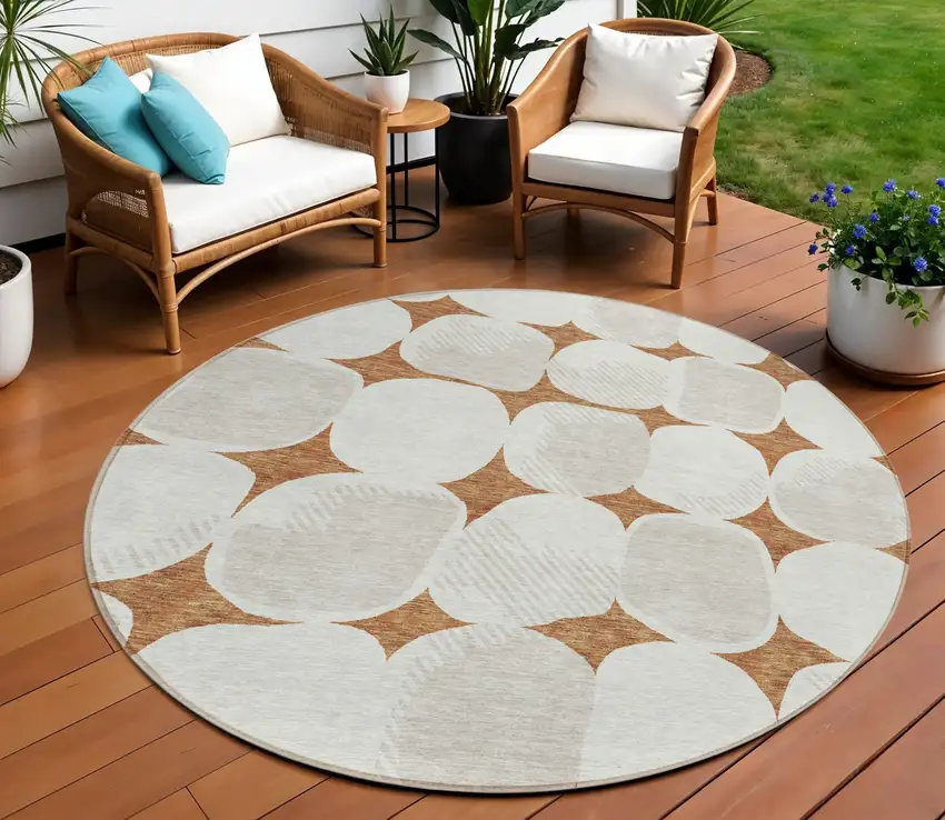 8' Brown And Ivory Round Abstract Washable Indoor Outdoor Area Rug Photo 1