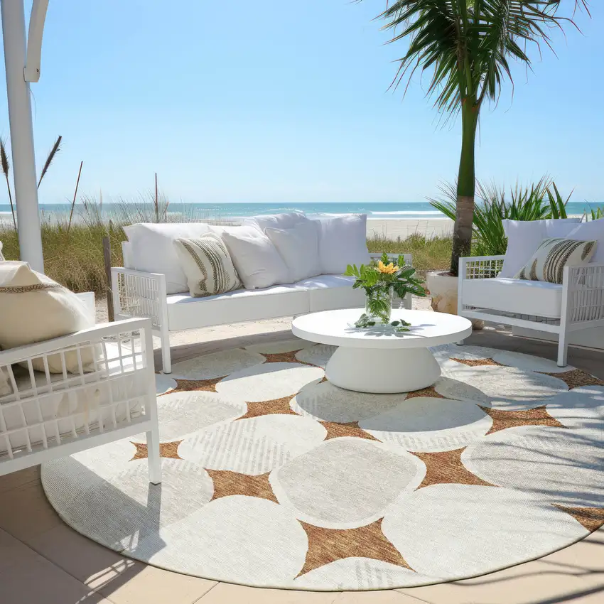 8' Brown And Ivory Round Abstract Washable Indoor Outdoor Area Rug Photo 7