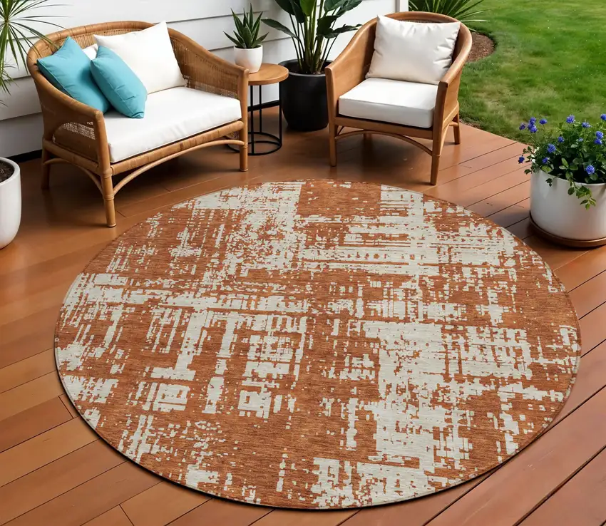 8' Brown And Ivory Round Abstract Washable Indoor Outdoor Area Rug Photo 1