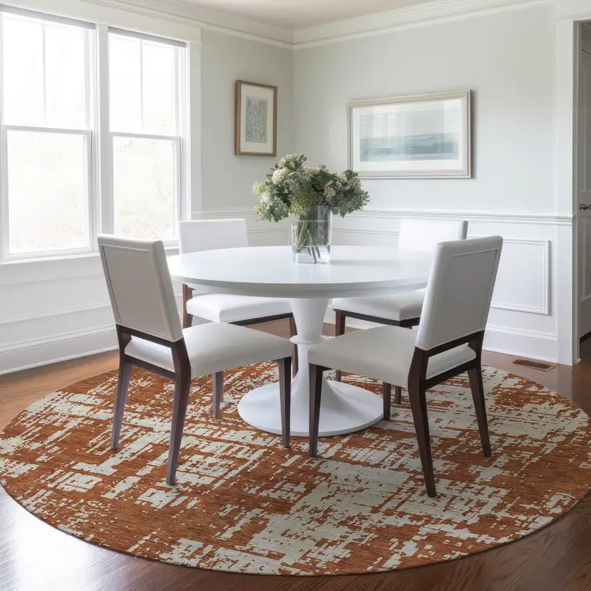 8' Brown And Ivory Round Abstract Washable Indoor Outdoor Area Rug Photo 7