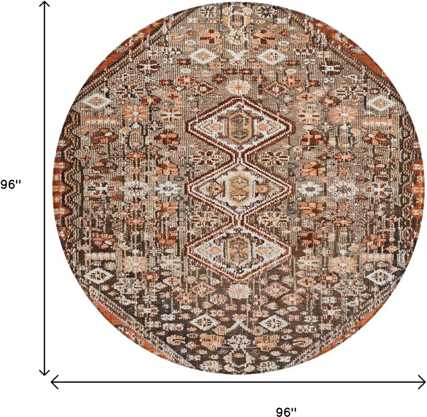 8' Brown And Ivory Round Aztec Washable Indoor Outdoor Area Rug Photo 9