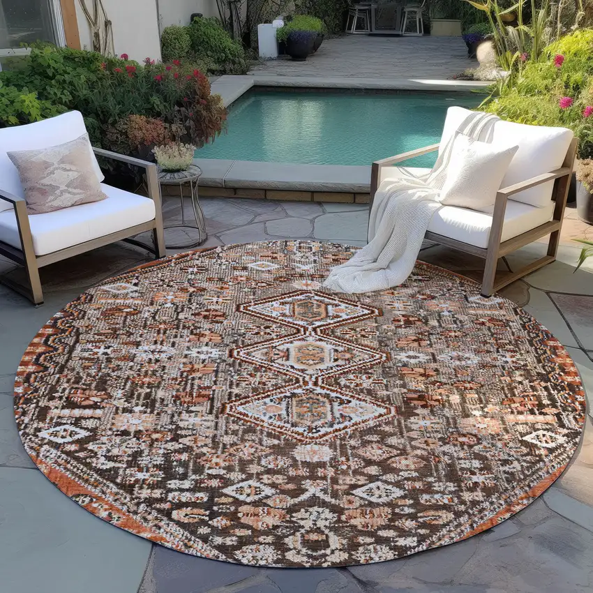 8' Brown And Ivory Round Aztec Washable Indoor Outdoor Area Rug Photo 5