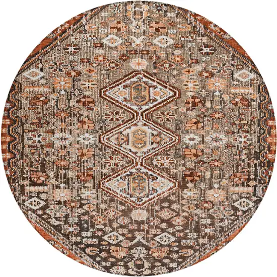 8' Brown And Ivory Round Aztec Washable Indoor Outdoor Area Rug Photo 1