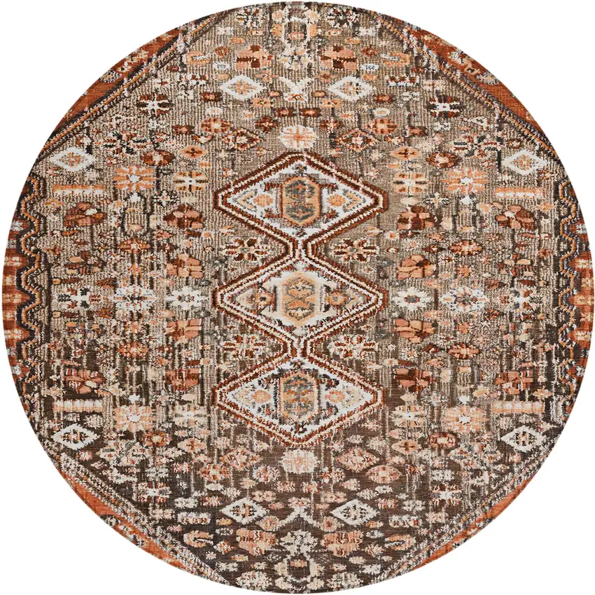 8' Brown And Ivory Round Aztec Washable Indoor Outdoor Area Rug Photo 1