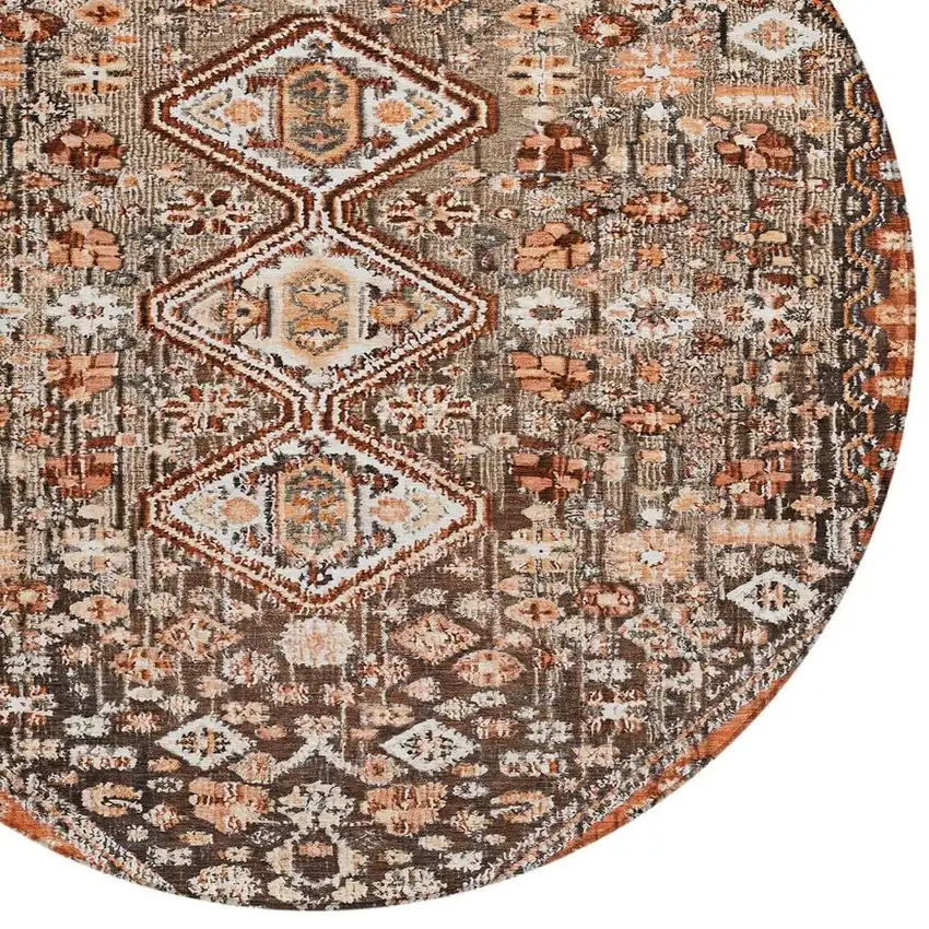 8' Brown And Ivory Round Aztec Washable Indoor Outdoor Area Rug Photo 4
