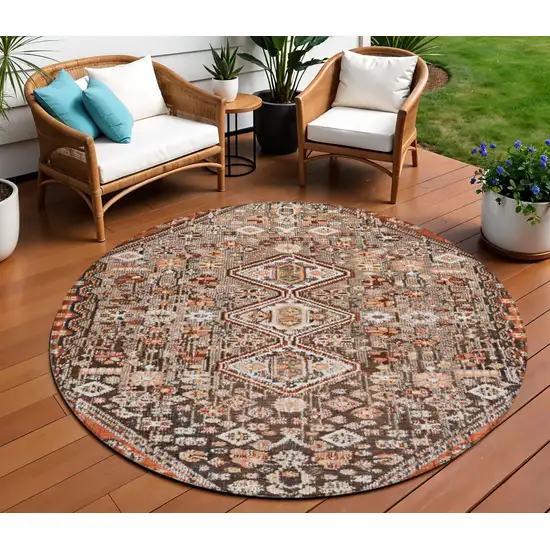 8' Brown And Ivory Round Aztec Washable Indoor Outdoor Area Rug Photo 2