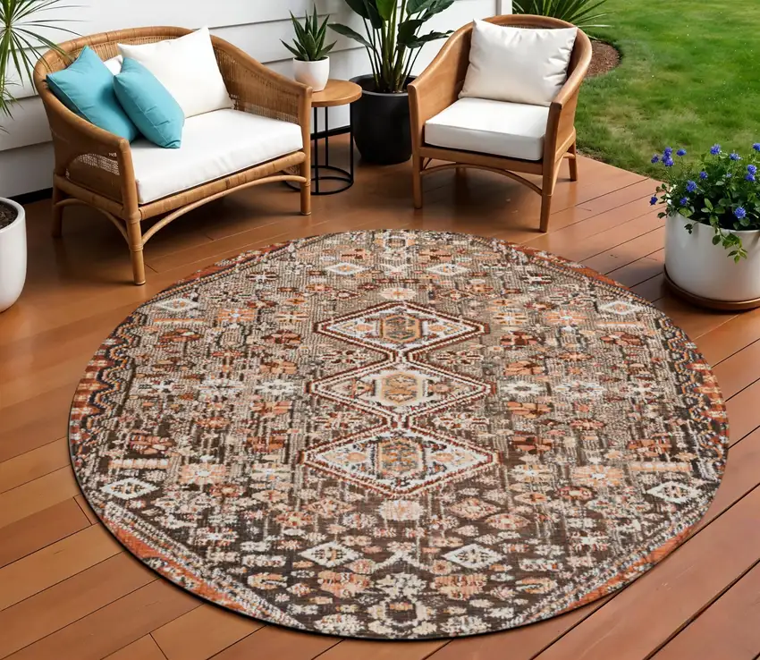 8' Brown And Ivory Round Aztec Washable Indoor Outdoor Area Rug Photo 2