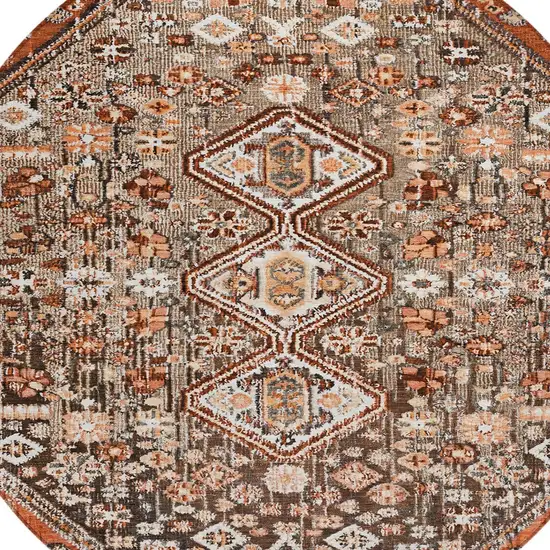 8' Brown And Ivory Round Aztec Washable Indoor Outdoor Area Rug Photo 9