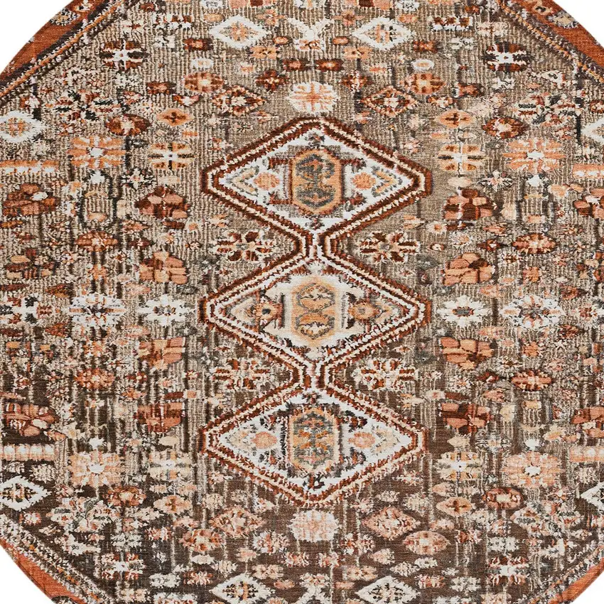 8' Brown And Ivory Round Aztec Washable Indoor Outdoor Area Rug Photo 9