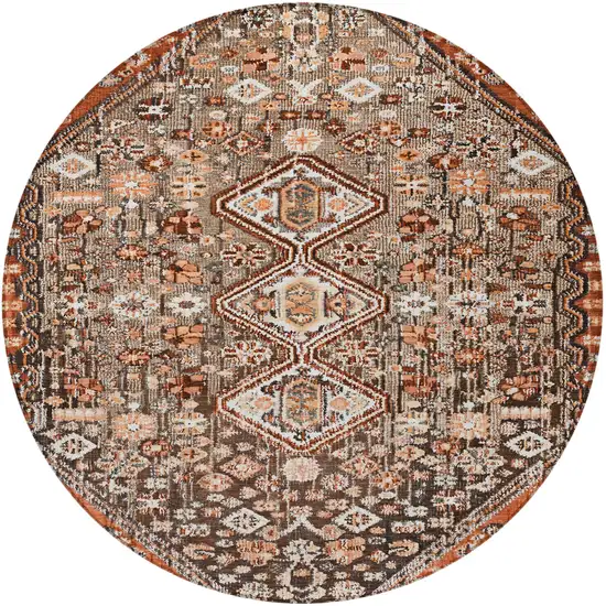 8' Brown And Ivory Round Aztec Washable Indoor Outdoor Area Rug Photo 3