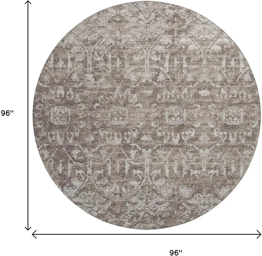 8' Brown And Ivory Round Damask Washable Indoor Outdoor Area Rug Photo 3