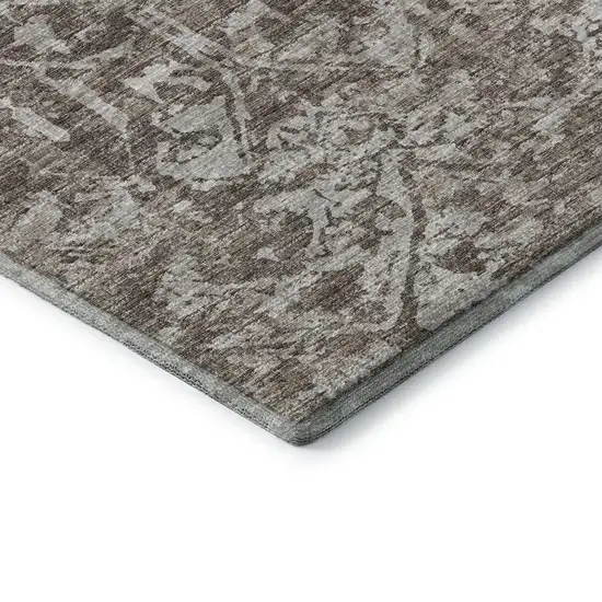 8' Brown And Ivory Round Damask Washable Indoor Outdoor Area Rug Photo 5