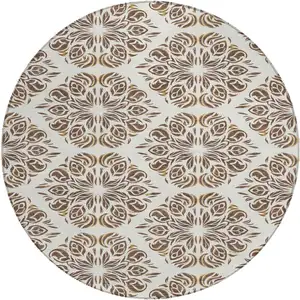 Photo of 8' Brown And Ivory Round Damask Washable Indoor Outdoor Area Rug