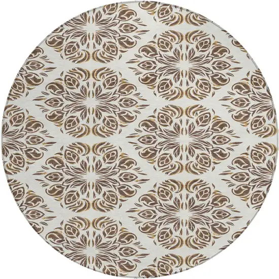 8' Brown And Ivory Round Damask Washable Indoor Outdoor Area Rug Photo 1