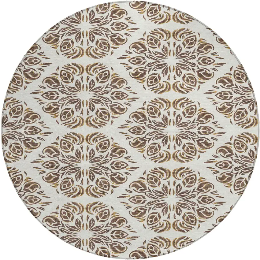8' Brown And Ivory Round Damask Washable Indoor Outdoor Area Rug Photo 1