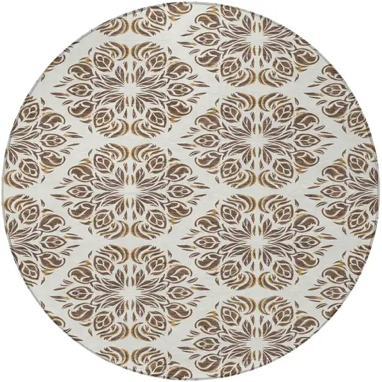 8' Brown And Ivory Round Damask Washable Indoor Outdoor Area Rug Photo 3