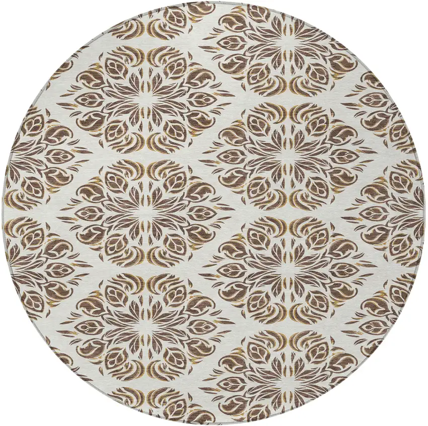 8' Brown And Ivory Round Damask Washable Indoor Outdoor Area Rug Photo 3