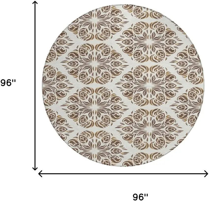 8' Brown And Ivory Round Damask Washable Indoor Outdoor Area Rug Photo 8