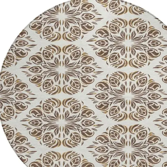 8' Brown And Ivory Round Damask Washable Indoor Outdoor Area Rug Photo 2