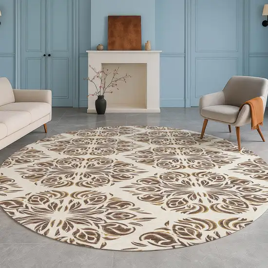 8' Brown And Ivory Round Damask Washable Indoor Outdoor Area Rug Photo 5
