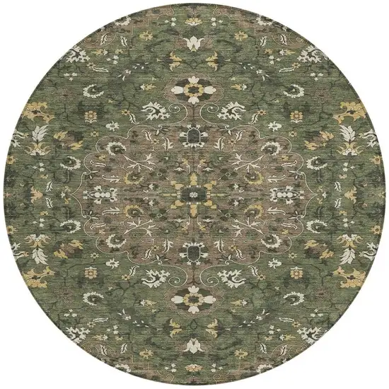8' Brown And Ivory Round Floral Medallion Washable Indoor Outdoor Area Rug Photo 2